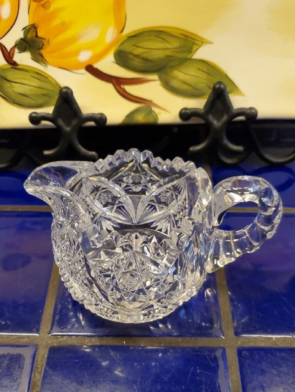 Vintage Starburst Crystal Cut Glass Creamer and Sugar Set